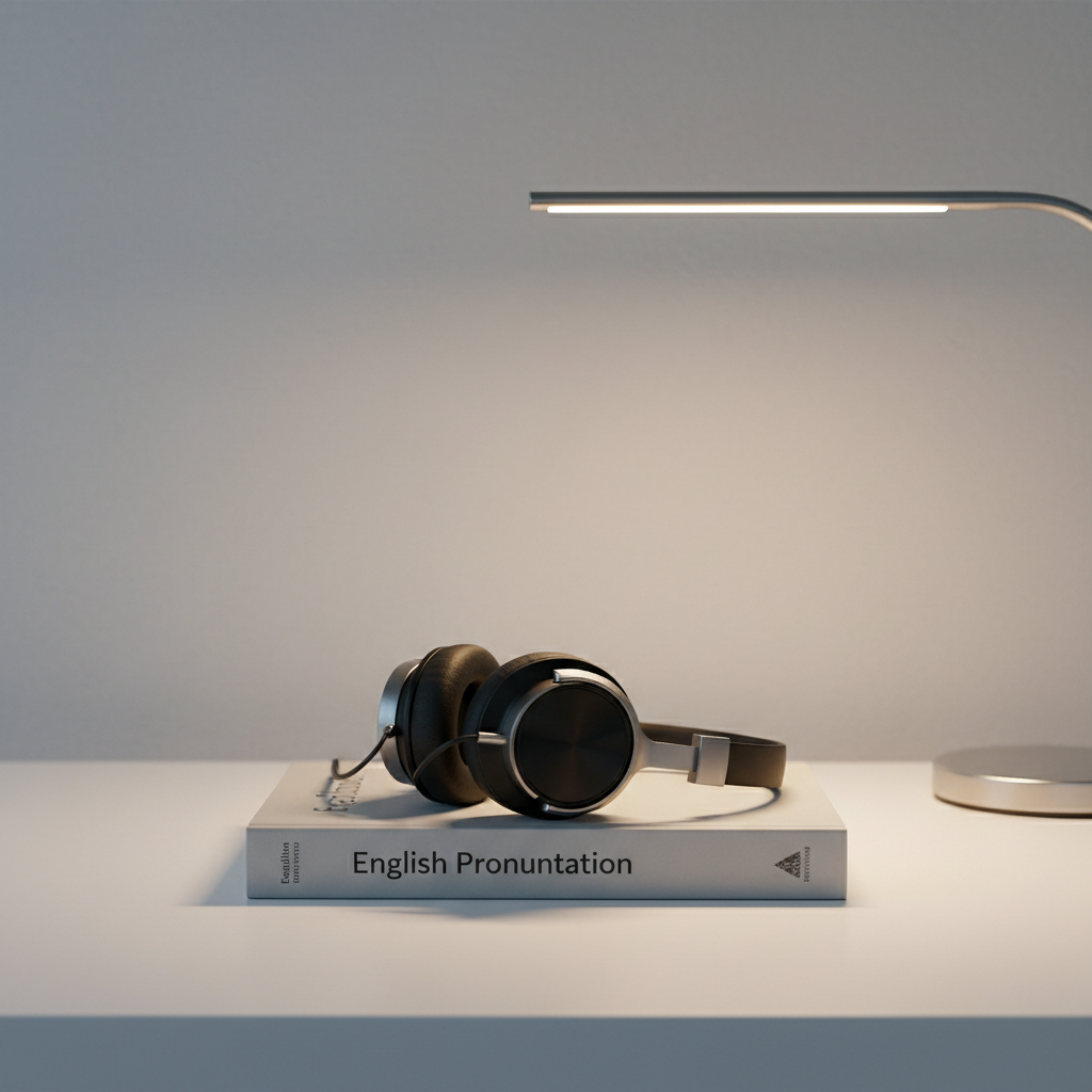 A pair of high-quality, over-ear headphones with a smooth matte black finish and brushed metal accents rests neatly on a closed, pale-grey textbook labeled "English Pronunciation" in clean, modern typography. Both sit centered on a white, minimally textured desk, with a slim, silver desk lamp at the far edge hinting at structured study sessions. The lamp casts soft, warm light from the right, producing delicate, controlled shadows that emphasize the clean lines of each object. The background shows a slightly blurred neutral wall with a subtle gradient. Captured from a slightly elevated angle in a minimalist, photographic style, the image feels calm, precise, and purpose-driven, evoking concentrated listening and speaking practice.