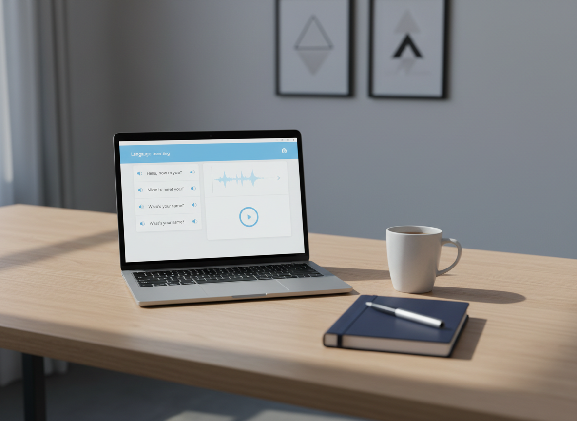 A sleek, open laptop on a light oak desk displays a clean language-learning dashboard with neatly organized English phrases and pronunciation icons. A matte-white ceramic mug and a closed navy-blue notebook with a silver pen rest nearby, aligned in a tidy, structured layout. Soft daylight from an unseen window to the left casts gentle, diffused light, creating understated shadows and subtle highlights on the metallic laptop edges. The background fades into a softly blurred, neutral-toned office wall with minimal geometric artwork. Shot at eye level with a slight angle, in photographic realism, the composition is balanced and uncluttered, conveying a professional, calm environment ideal for focused English speaking practice.